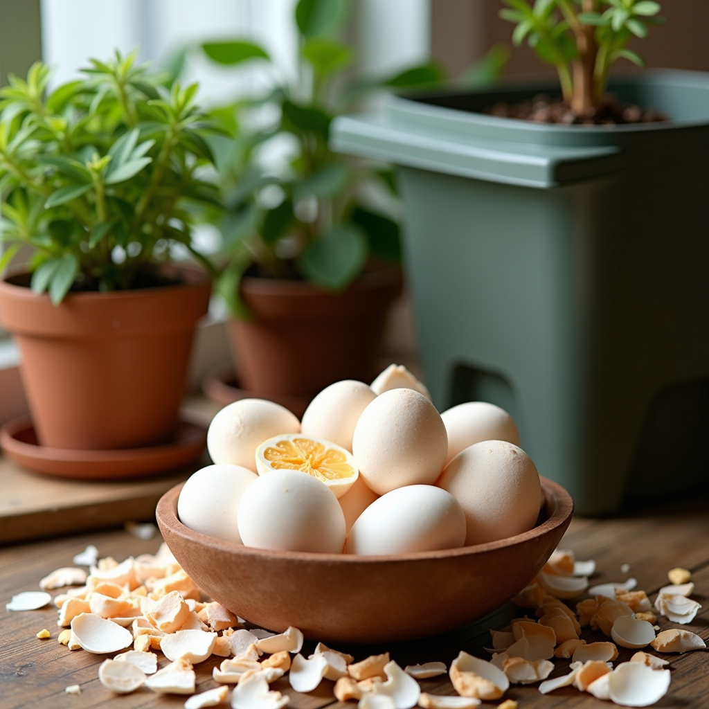 Zerkleinerte Eierschalen in einer Schüssel neben Zimmerpflanzen und Kompostbehälter, die nachhaltige Wiederverwendung im Haushalt und Garten zeigen