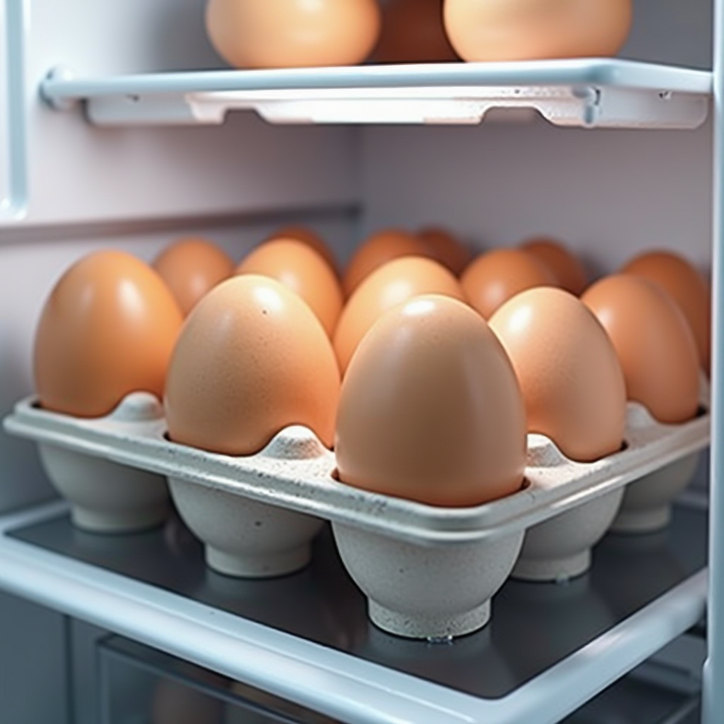 Frische Eier ordentlich im Kühlschrank gelagert in speziellen Eierbehältern, mit sichtbarer Temperaturanzeige und organisiertem Kühlschrankinneren