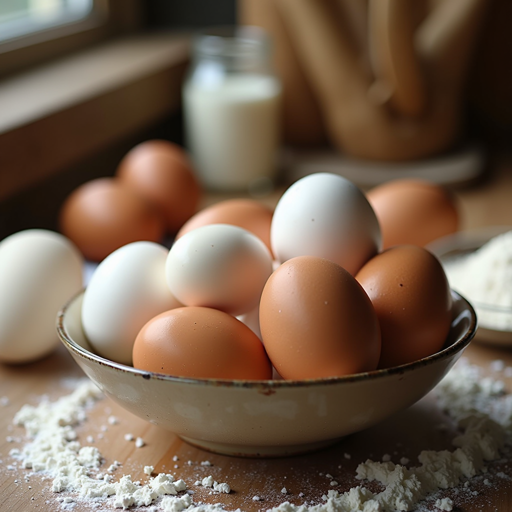Frische braune und weiße Eier in einer Schüssel auf einem rustikalen Holztisch, umgeben von Mehl, Backutensilien und Backzutaten in warmem natürlichem Licht