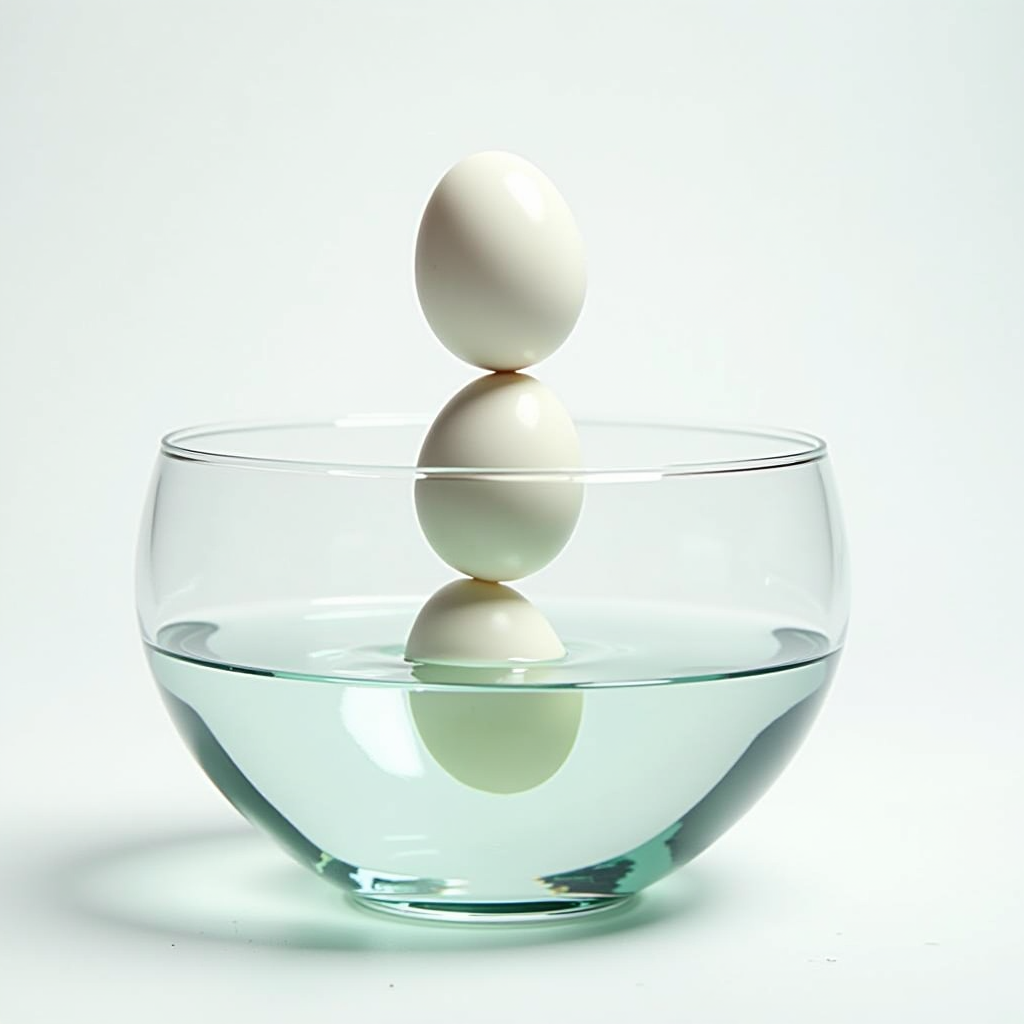 Schritt-für-Schritt-Illustration des Wassertests mit drei Eiern in verschiedenen Stadien: eines sinkt auf den Boden, eines steht aufrecht, eines schwimmt an der Oberfläche in einer klaren Glasschüssel