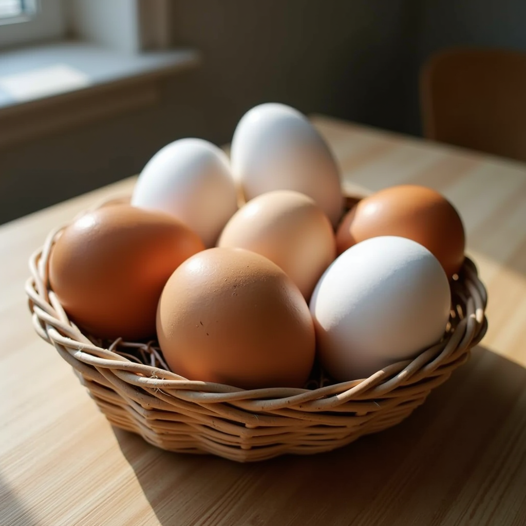 Verschiedene Eiersorten - Eine ästhetische Anordnung von braunen, weißen und Bio-Eiern in einem rustikalen Korb auf einem Holztisch mit natürlichem Licht