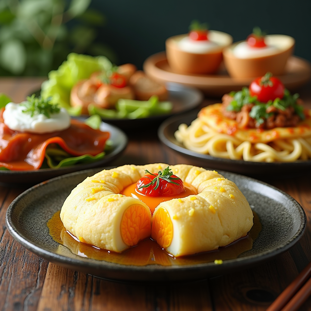 Verschiedene internationale Frühstücksgerichte mit Eiern arrangiert auf einem Tisch: japanisches Tamagoyaki, mexikanische Huevos Rancheros und weitere kulturelle Variationen