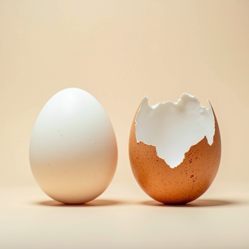 Nahaufnahme-Vergleich von frischen und alten Eierschalen mit Texturunterschieden, eine saubere matte Schale und eine mit Alterungszeichen auf neutralem Hintergrund