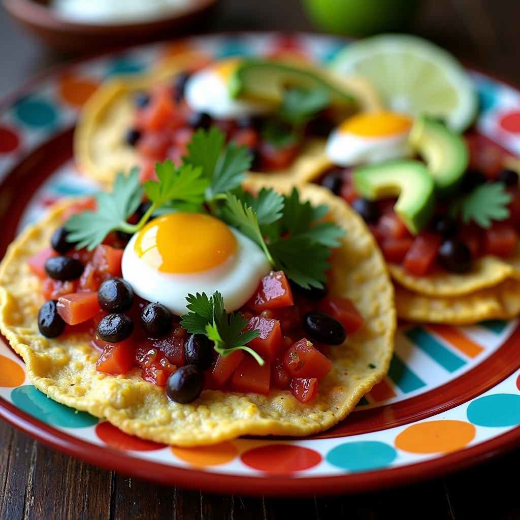 Appetitliche Huevos Rancheros auf einem bunten mexikanischen Teller, mit Spiegeleiern auf knusprigen Maistortillas, bedeckt mit leuchtend roter Tomatensalsa, schwarzen Bohnen, Avocadoscheiben, frischem Koriander und Crema, serviert mit Limettenspalten