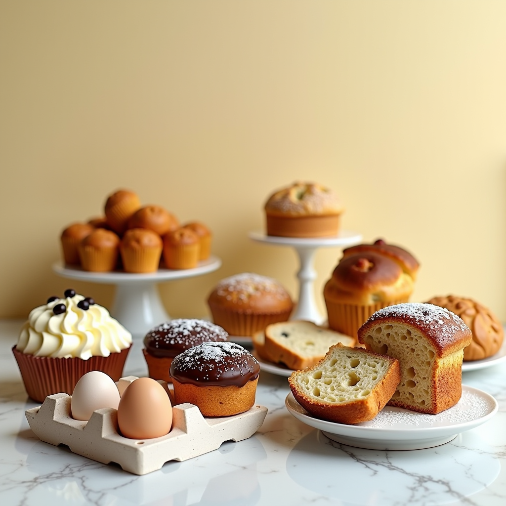 Vielfältige Auswahl an Backwaren wie Kuchen, Kekse, Brot und Gebäck auf einem weißen Marmortisch arrangiert, mit frischen Eiern im Vordergrund