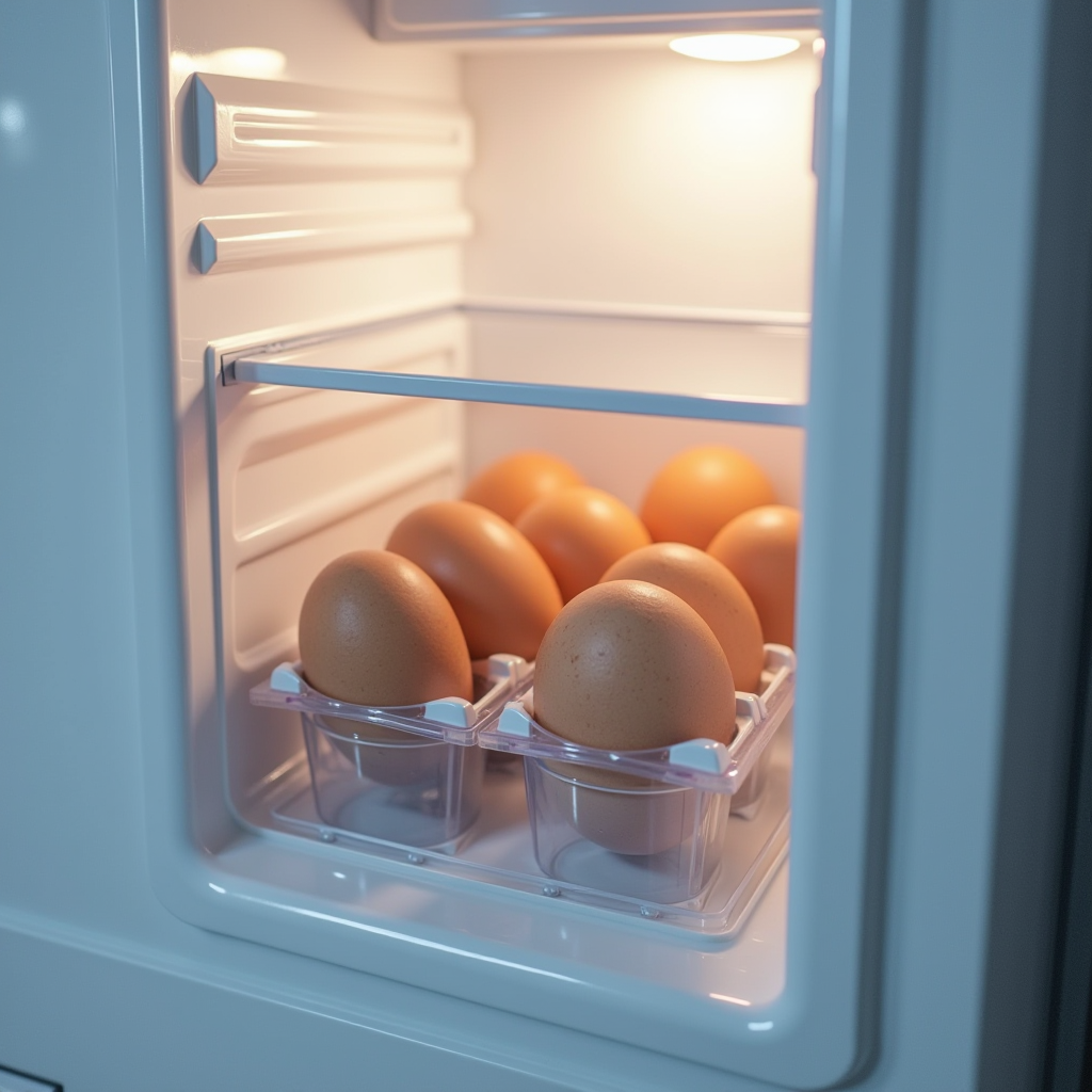 Organisierter Kühlschrank mit Eiern in speziellen Behältern auf dem mittleren Regal, zeigt optimale Lagerungstechniken und Temperaturkontrolle für Frische