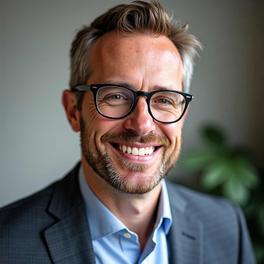 Dr. Michael Hoffmann - Ernährungsberater, freundlicher Mann mit Brille in Business-Casual-Kleidung