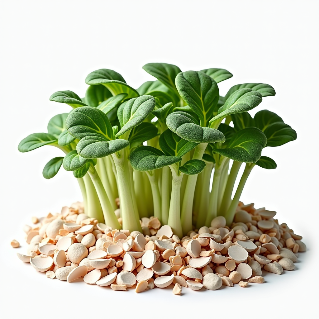 Junge Gemüsepflanzen, die von einem schützenden Ring aus zerbrochenen Eierschalen umgeben sind, als natürliche Schneckenbarriere im Garten