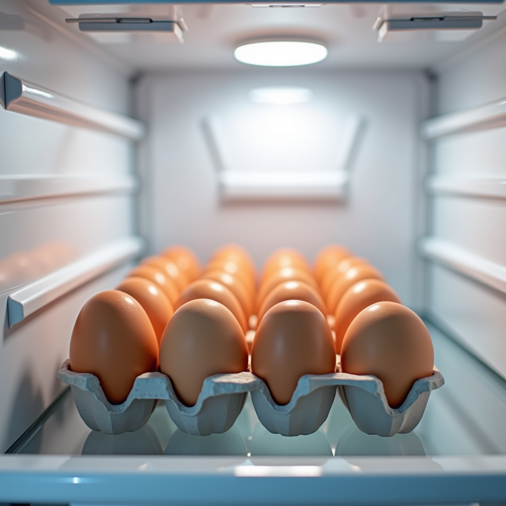 Organisiertes Kühlschrank-Eierfach mit korrekter Eierlagerung, Eier in Originalkarton auf mittlerem Regal, sauberer und gut beleuchteter Innenraum