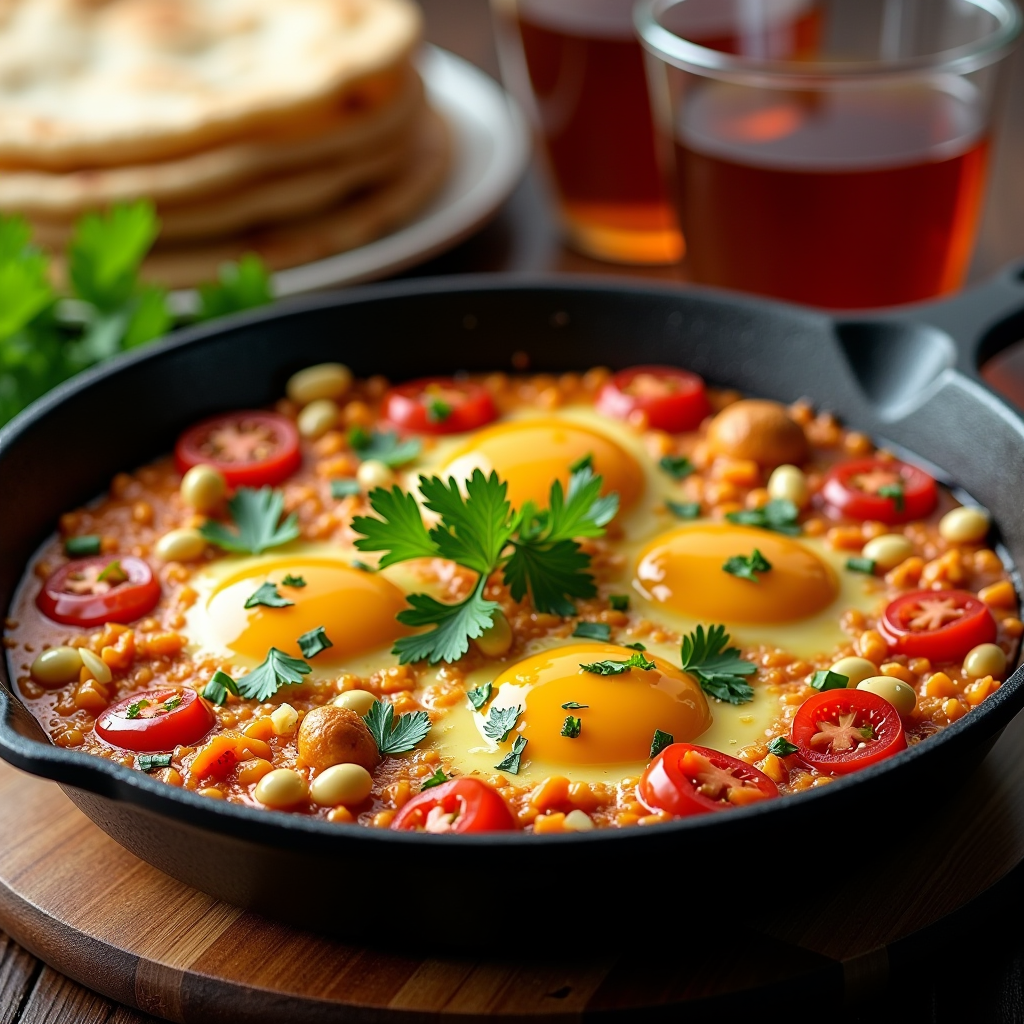 Traditionelles türkisches Menemen in einer gusseisernen Pfanne, mit verquirlten Eiern, saftigen Tomaten, grünen Paprikaschoten und Zwiebeln, garniert mit frischem Petersilie, serviert mit warmem Fladenbrot und türkischem Tee in traditionellen Gläsern