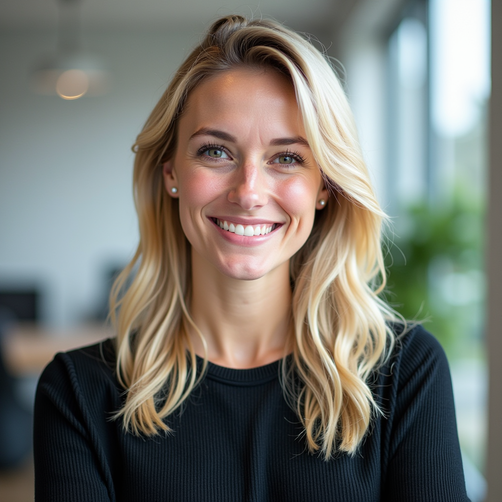 Lisa Müller - Content-Managerin, junge Frau mit blonden Haaren und freundlichem Lächeln