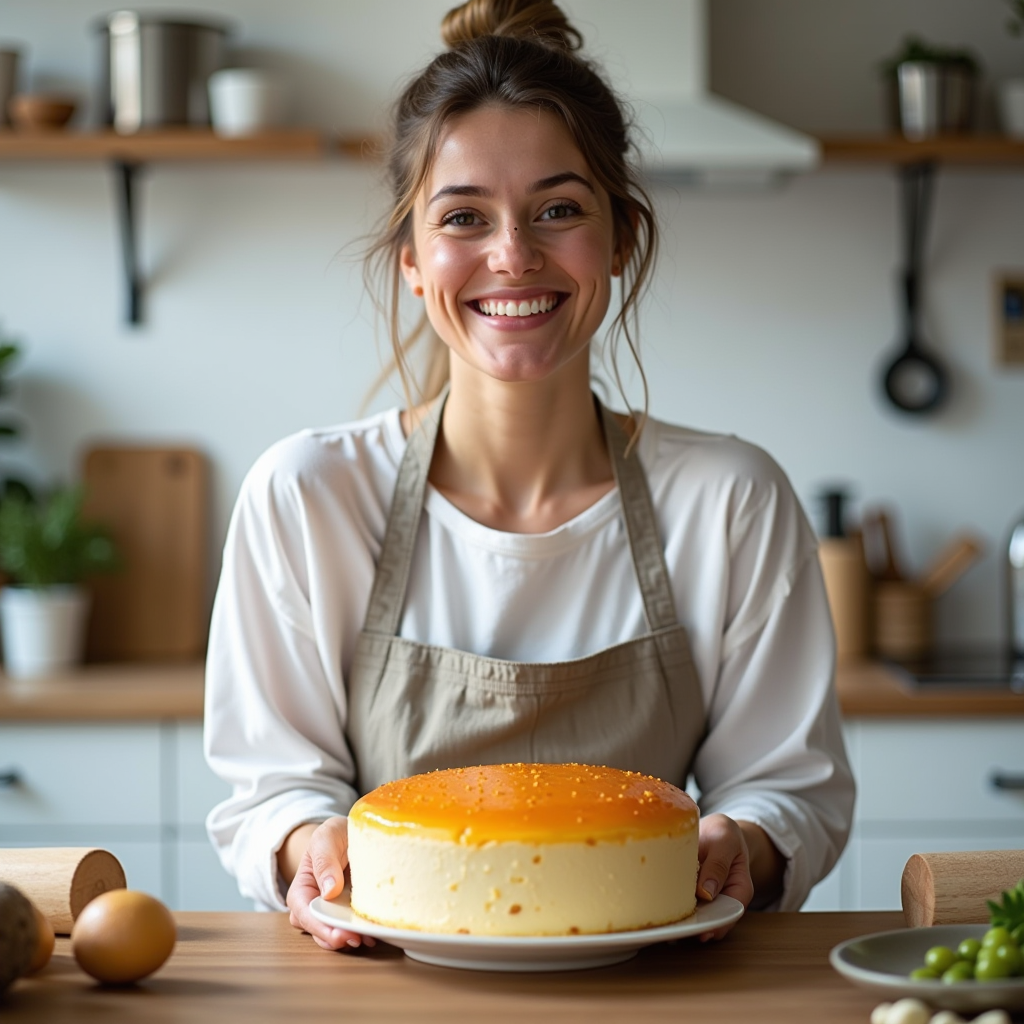 Lächelnder Hobbybäcker in einer hellen, modernen Küche, der stolz einen perfekt gebackenen goldenen Kuchen präsentiert, umgeben von Backutensilien und frischen Zutaten